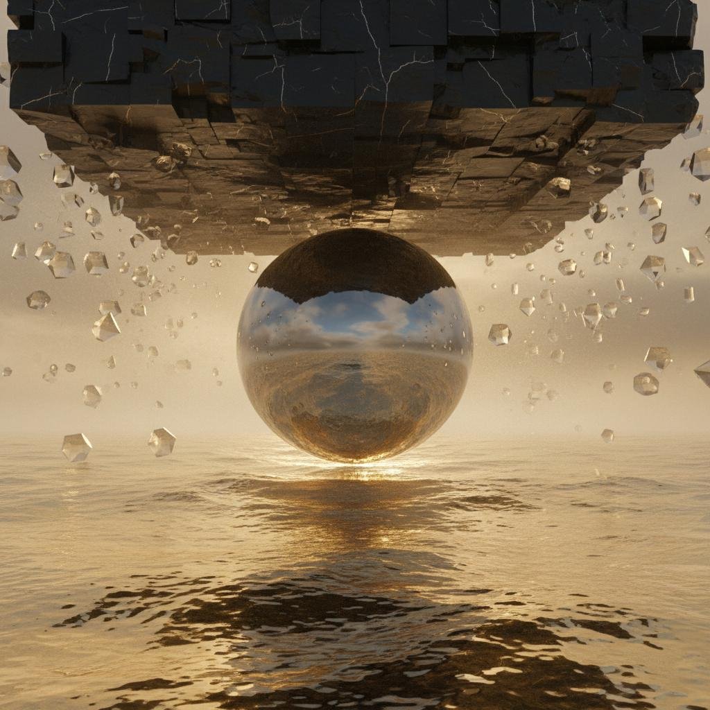 Reflective sphere suspended above golden water, beneath a massive dark structure shedding crystalline fragments.