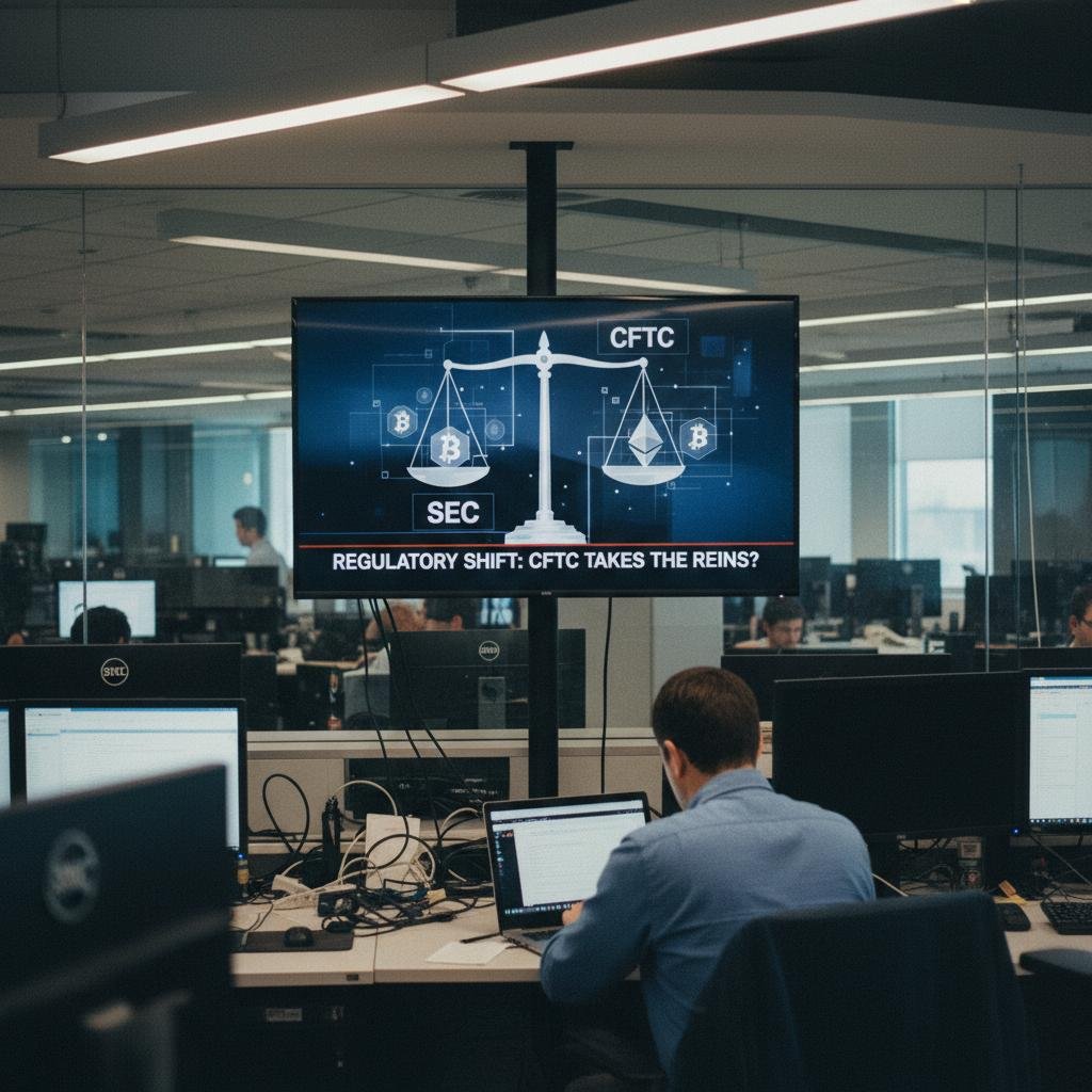image.jpeg-14 Large screen in an office displaying a graphic of SEC and CFTC balancing Bitcoin and Ethereum regulation.