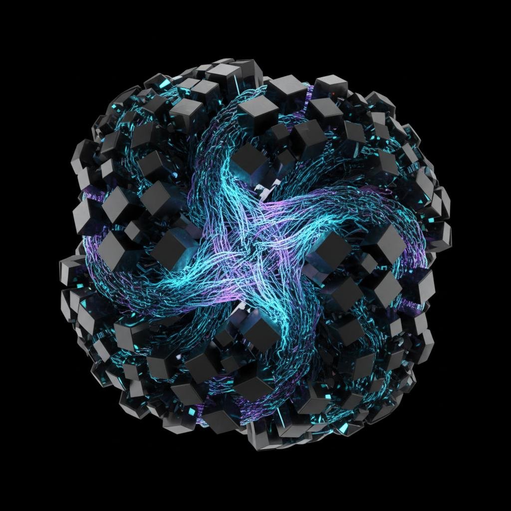 Abstract sphere of black cubes interwoven with glowing blue and purple lines.