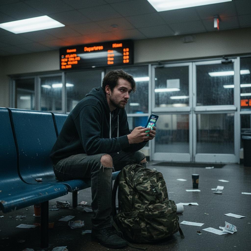 Man sitting on a blue bench in a dimly lit terminal, looking at his smartphone.