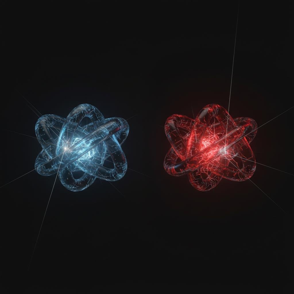 image.jpeg-145 Two glowing, intertwined 3D objects, one blue and one red, on a dark background.