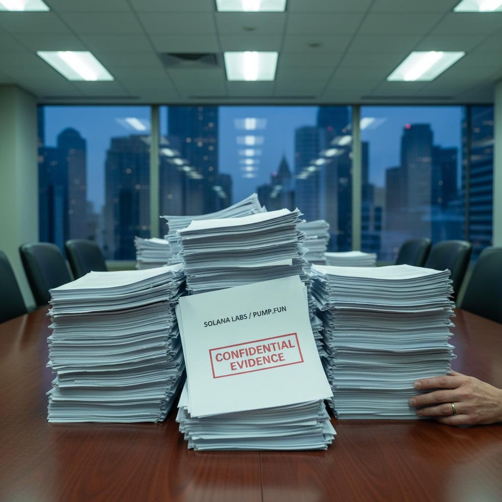 Stacks of papers on a conference table, one marked 