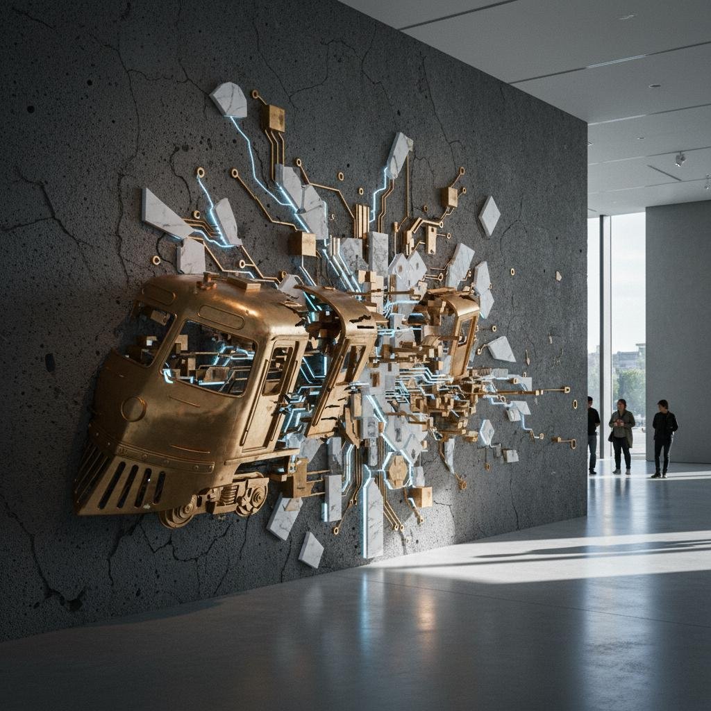 Brass train sculpture breaking through a concrete wall, revealing circuit board elements with glowing blue lines.