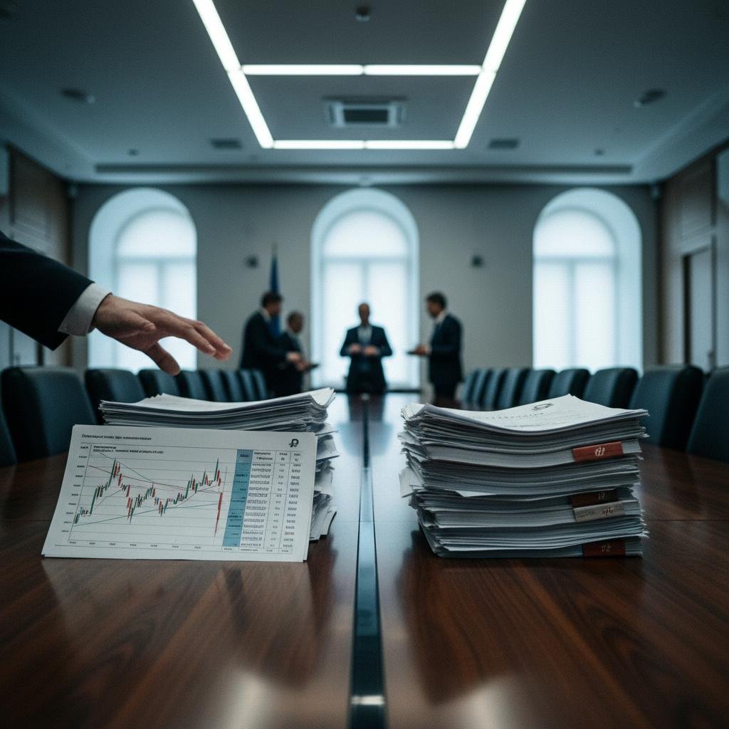 image.jpeg-18 Hand reaching for a stack of financial documents with a visible graph in a conference room.