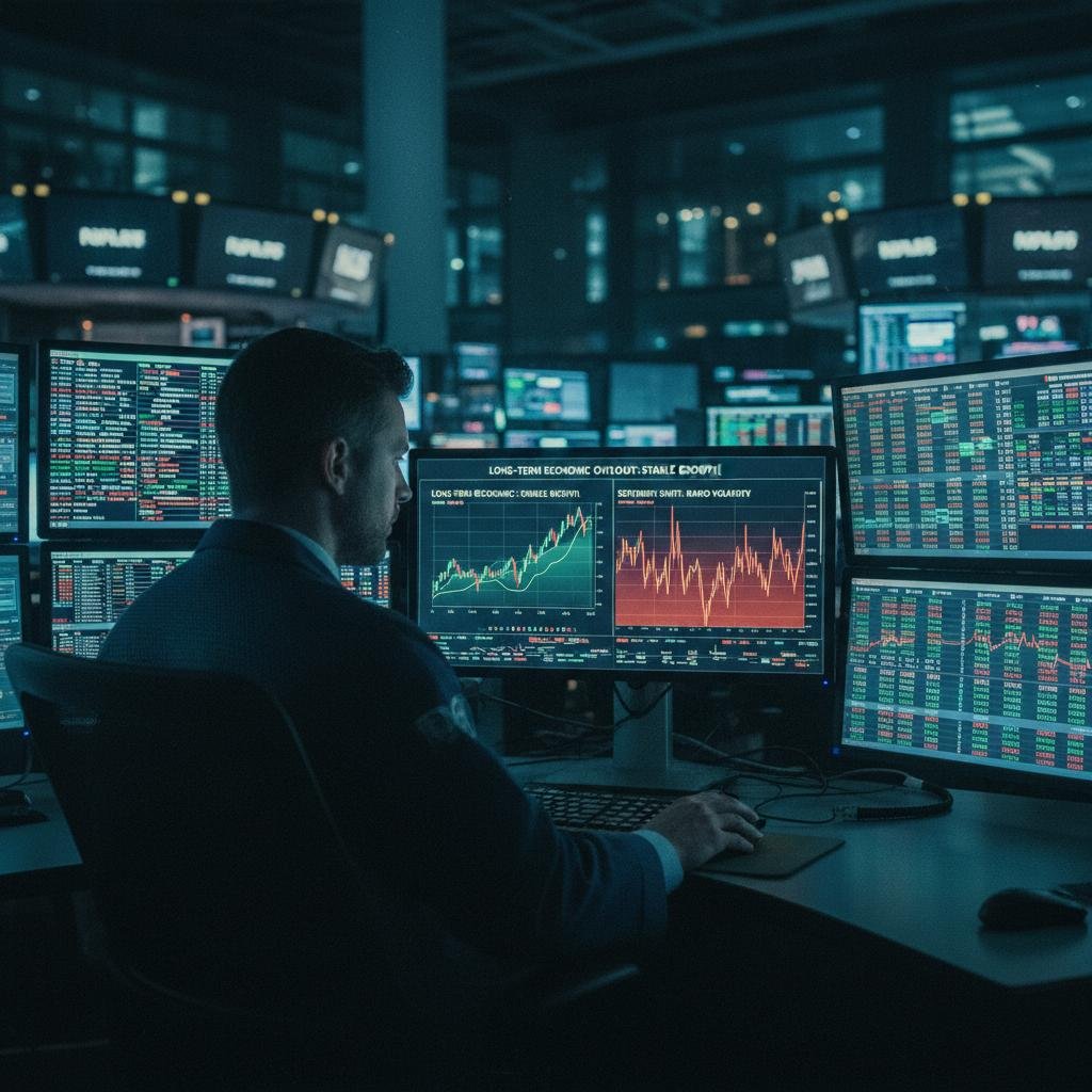 Man in a control room analyzing data on multiple computer screens.