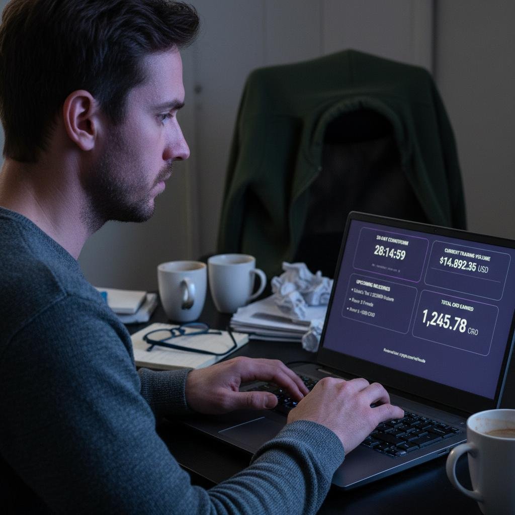 Man intently typing on a laptop displaying financial data and a countdown timer in a dimly lit room.