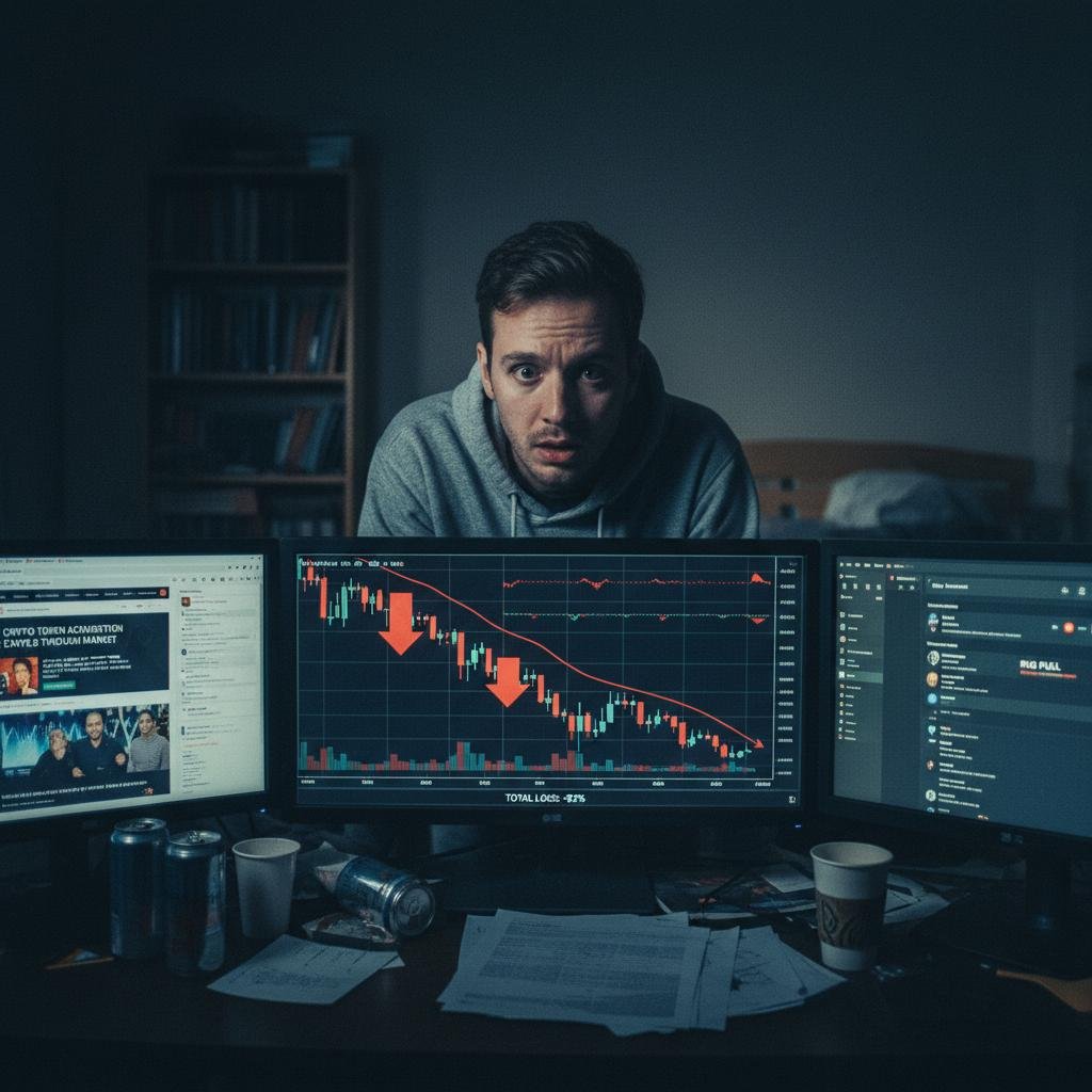 A man with a worried expression stares at computer screens displaying a significant financial loss.