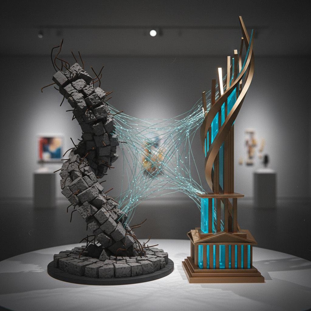 image.jpeg-22 Deconstructed concrete sculpture linked by glowing fibers to a modern bronze and blue light structure in a gallery.