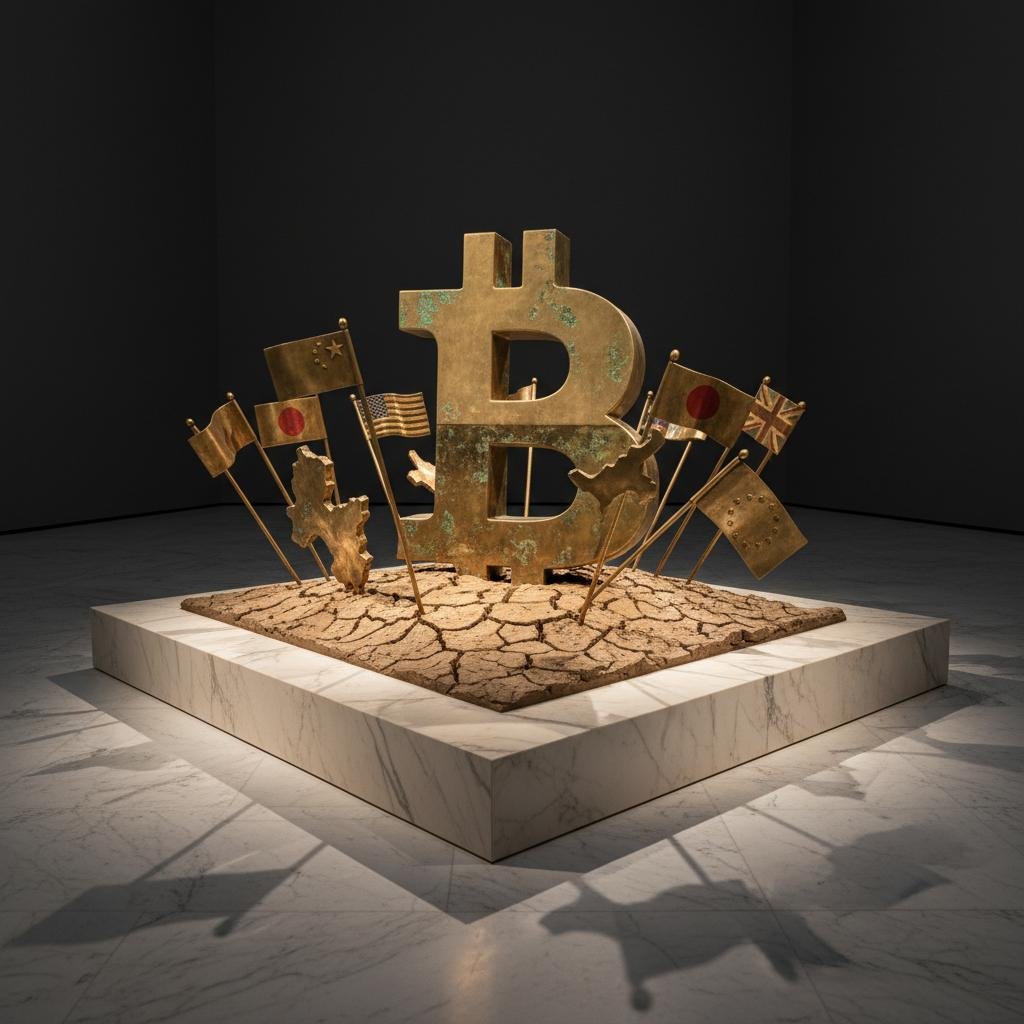 Bitcoin symbol surrounded by national flags on cracked earth.