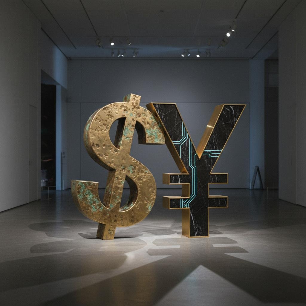 image.jpeg-24 Weathered dollar sign and circuit-patterned yen sign standing together in an art exhibit.