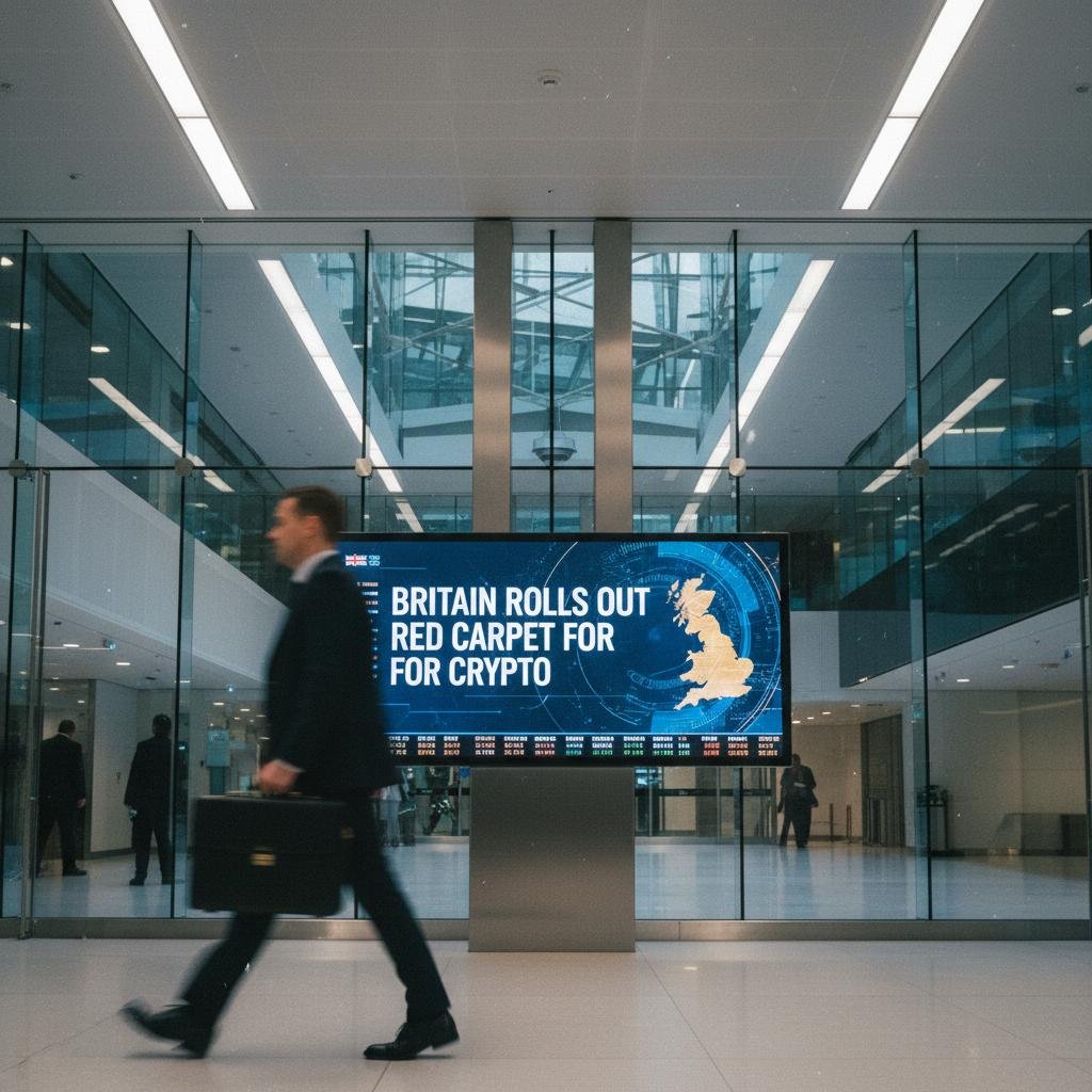 Man in suit walks past a large digital screen displaying news about Britain and crypto.