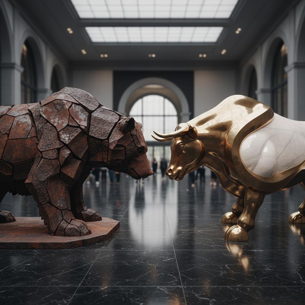 Bear and bull statues facing each other in a grand hall.