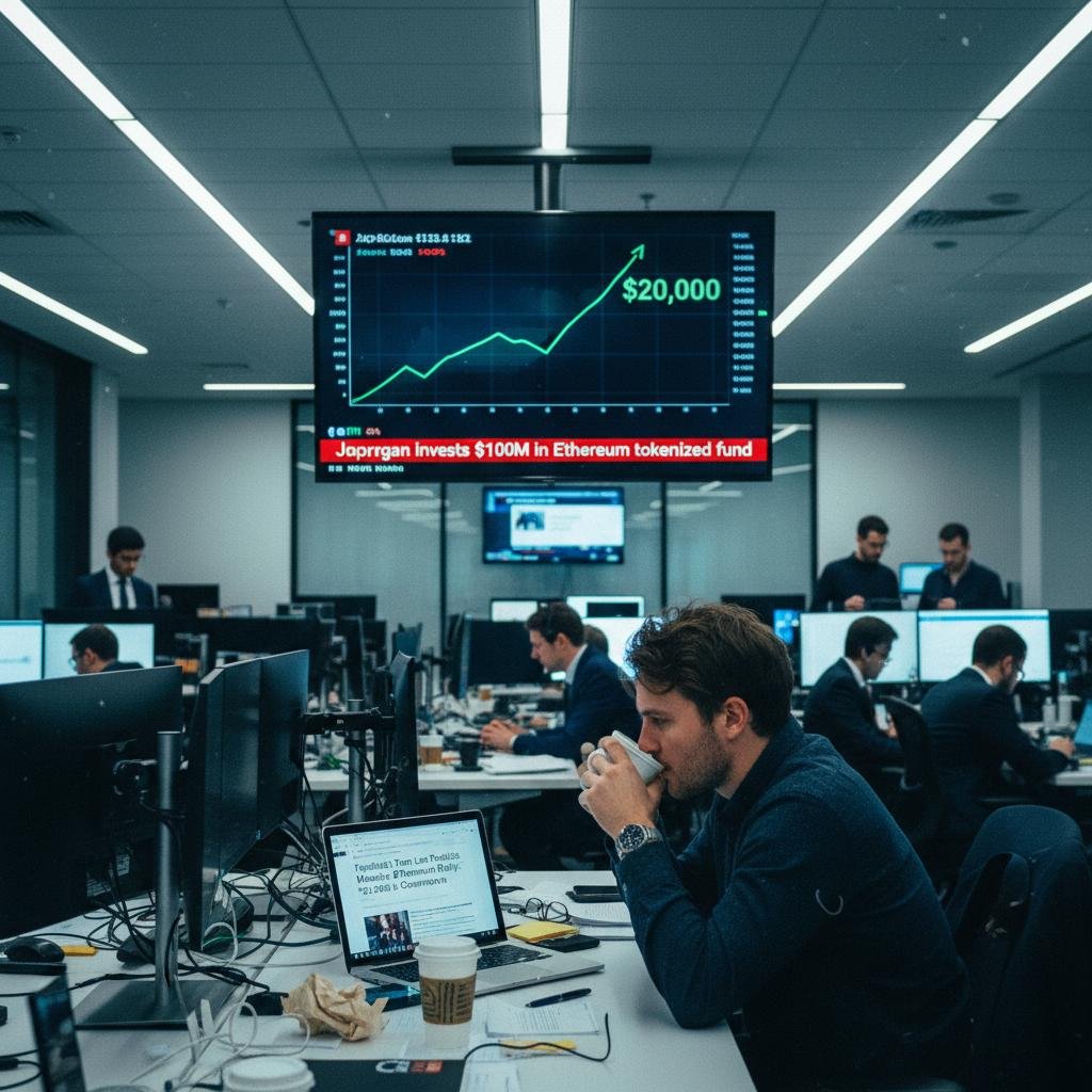 image.jpeg-3 Man sips coffee while working on a laptop in a busy office with a large screen displaying a financial chart.