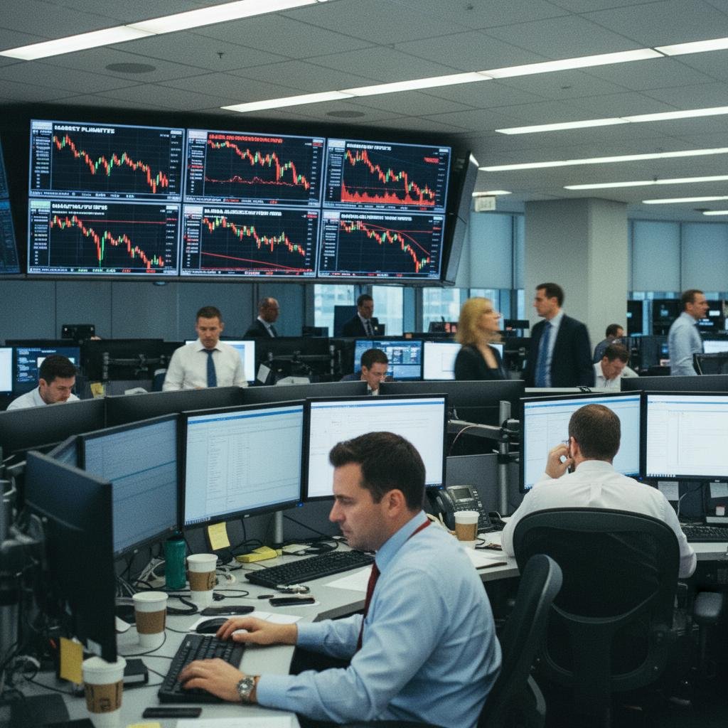 image.jpeg-33 Financial traders monitor multiple screens in a busy trading room.