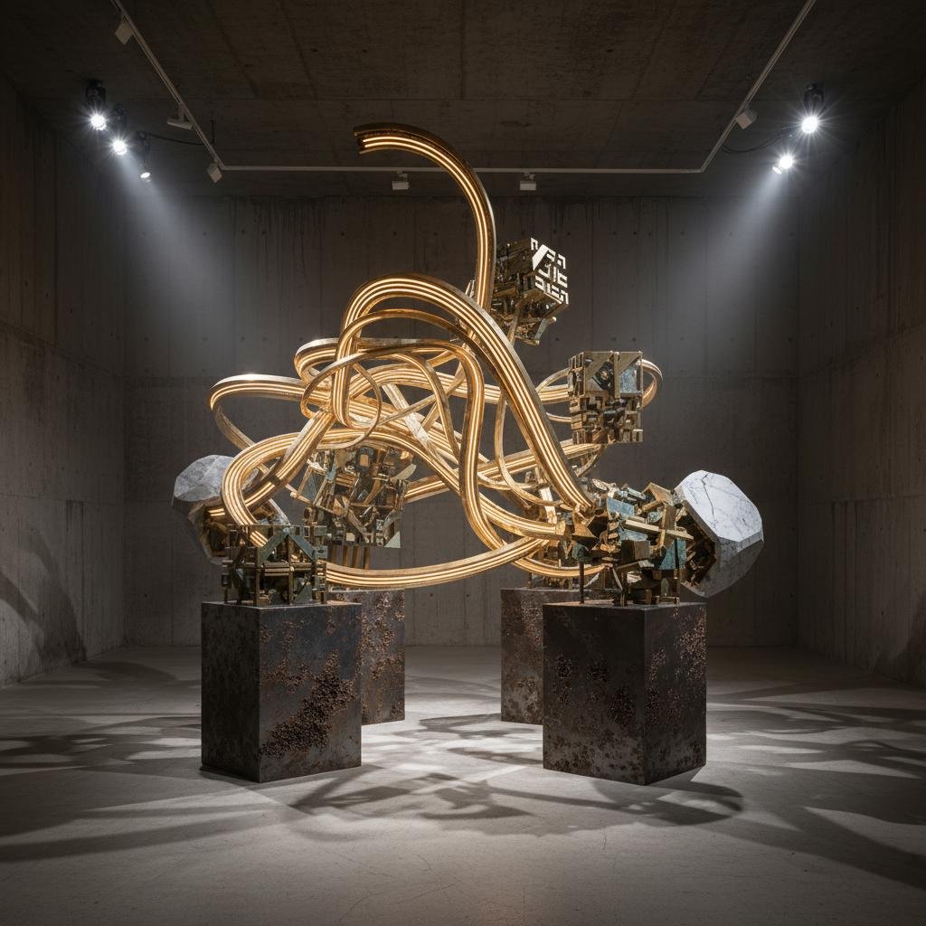Intricate sculpture of glowing gold tubes interwoven with dark geometric structures and faceted stones on pedestals in a concrete room.