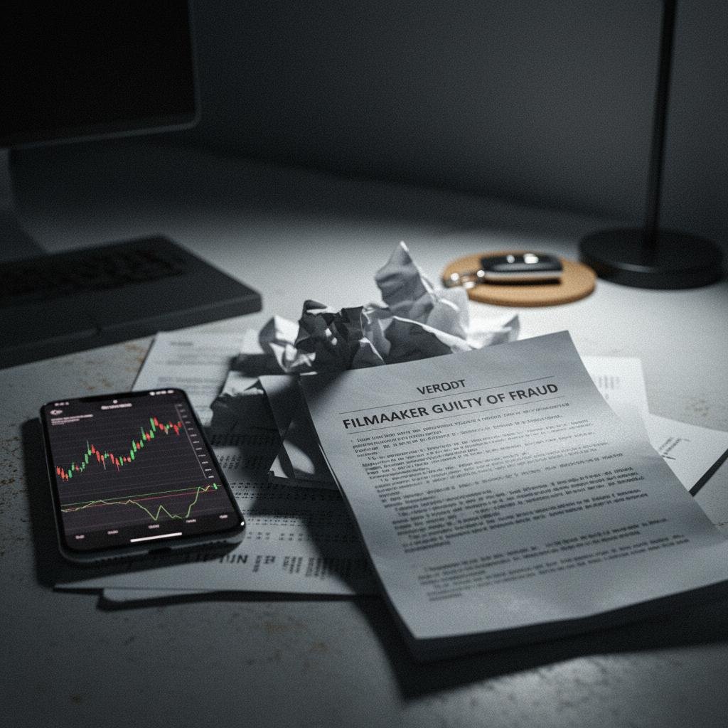 Smartphone with stock chart next to crumpled papers and a document titled 'FILMMAAKER GUILTY OF FRAUD' on a desk.