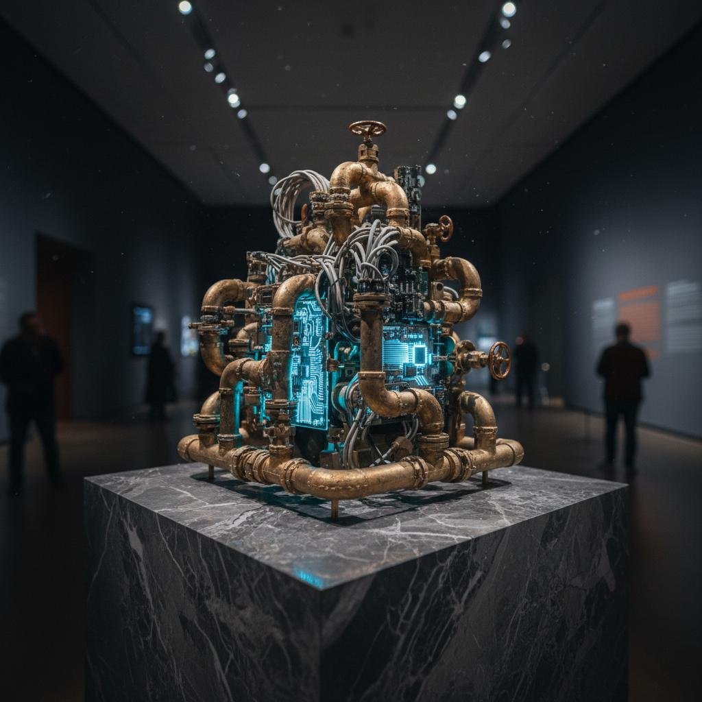 Intricate steampunk sculpture with glowing blue circuits on a marble pedestal.