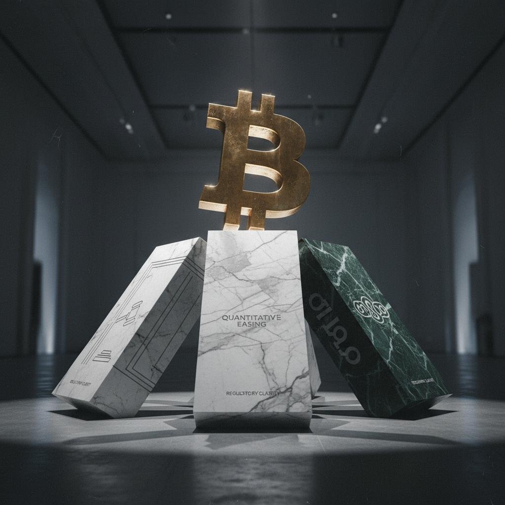 Golden Bitcoin symbol resting on three marble pillars with economic and regulatory terms.