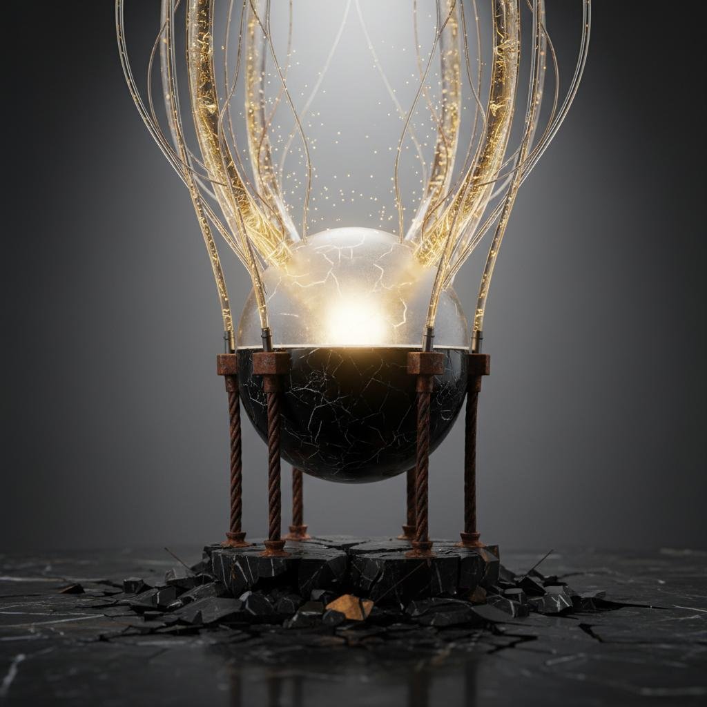 image.jpeg-40 Glowing orb in a cracked dark stand with golden filaments.