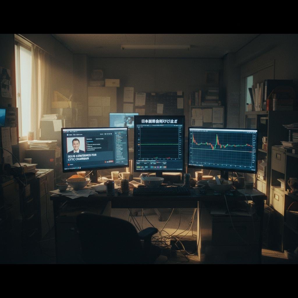 Office desk with three monitors displaying financial charts and a news report about a chairman confirmation.