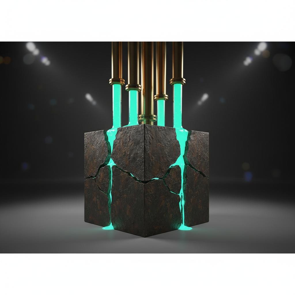 Glowing turquoise liquid flows from golden pipes into a cracked dark cube.