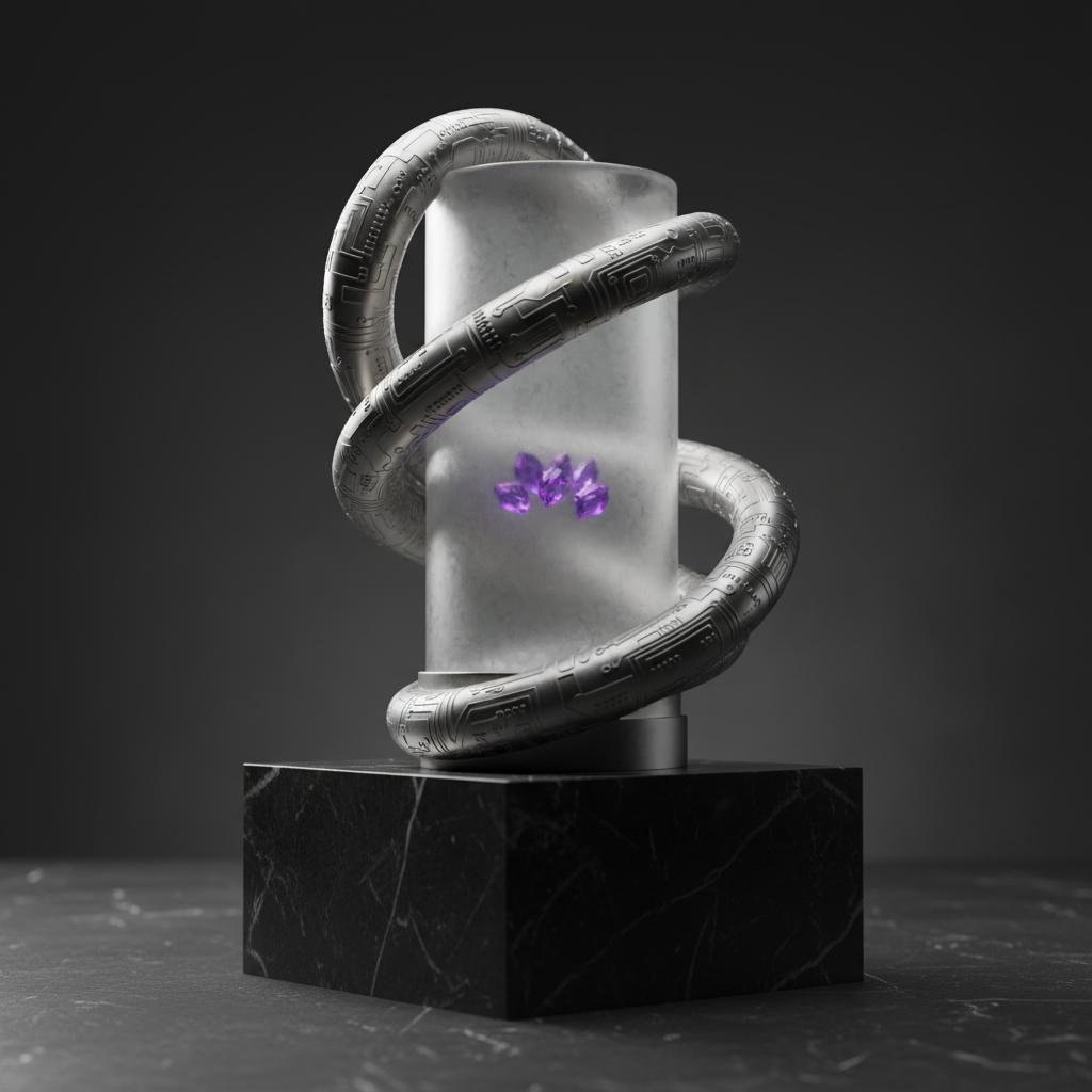 Cylindrical object with circuit snake and glowing purple crystals.