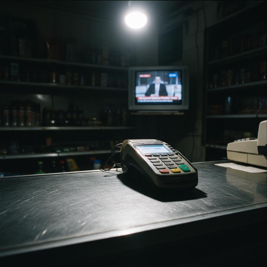 Credit card terminal on a dimly lit counter with a television displaying a news report in the background.