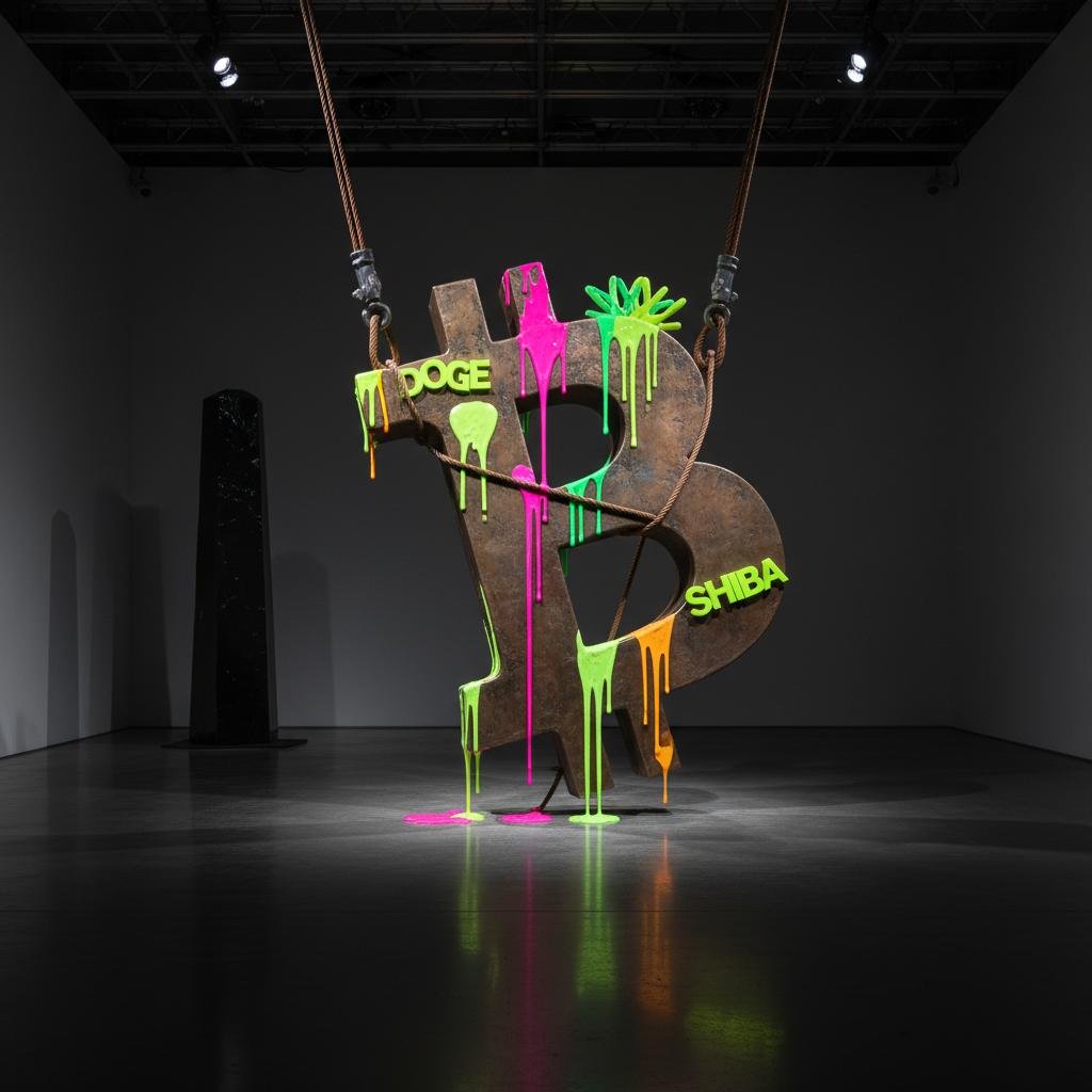 image.jpeg-45 Large Bitcoin symbol sculpture with neon green, pink, and orange paint drips, featuring 'DOGE' and 'SHIBA' text.