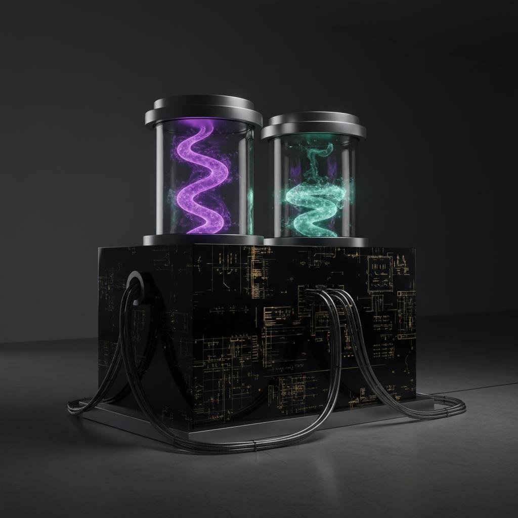Two glowing purple and teal energy forms contained in clear cylinders on a dark, circuit-patterned block.