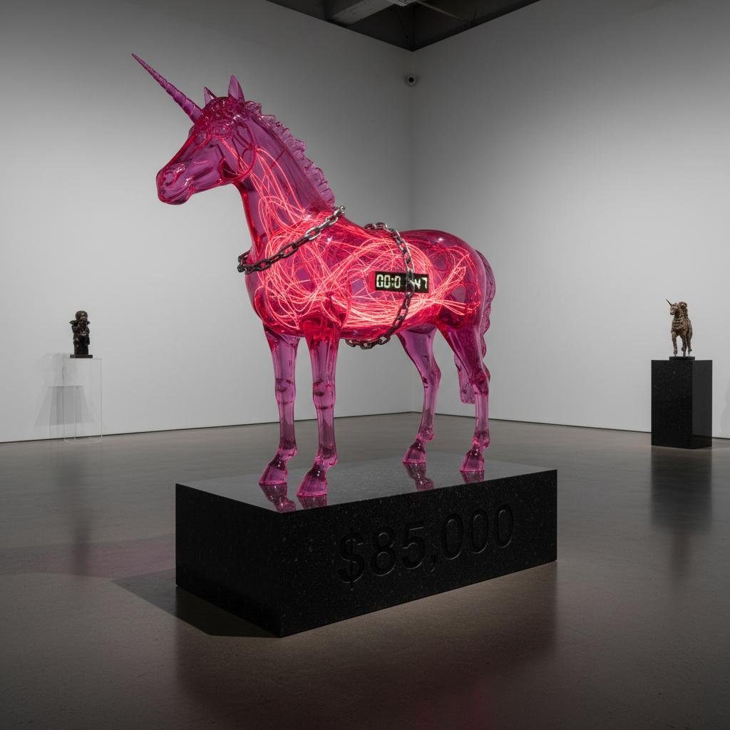 Pink translucent unicorn sculpture with glowing red internal lines, a digital timer, and chains across its body on a black pedestal.