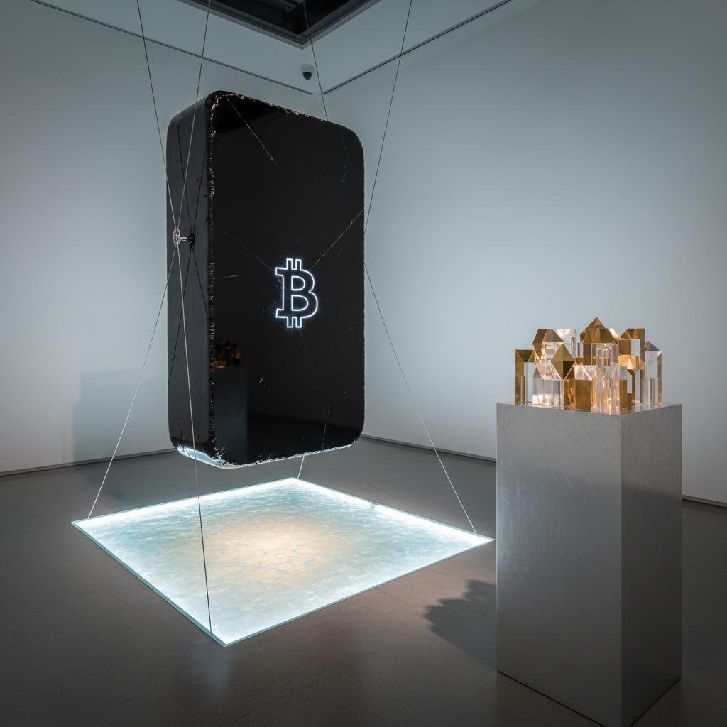 Suspended dark rectangle with glowing Bitcoin logo over a lit floor panel, next to crystalline house sculptures.