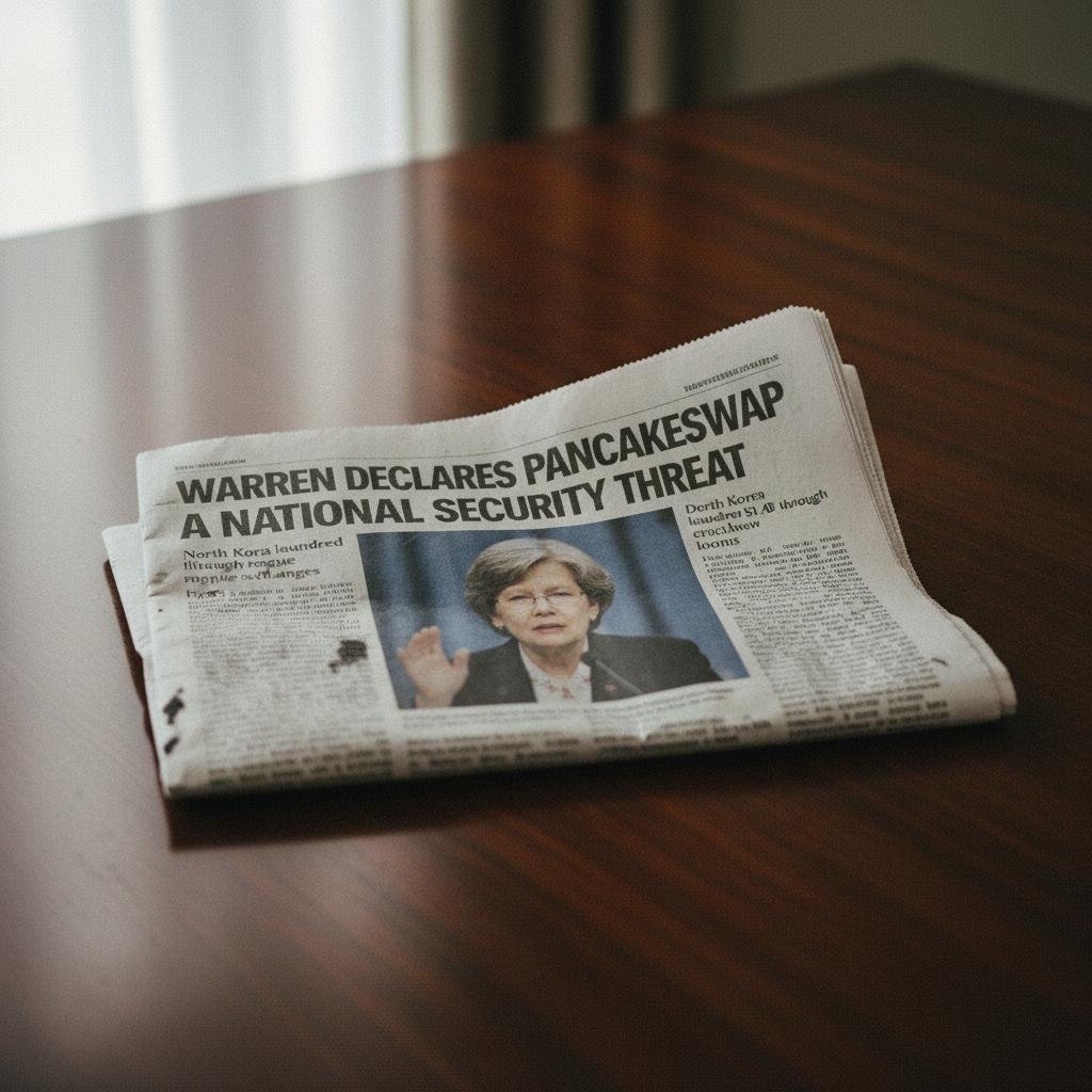 Newspaper featuring a headline about Warren and PancakeSwap, with a photo of a woman speaking.