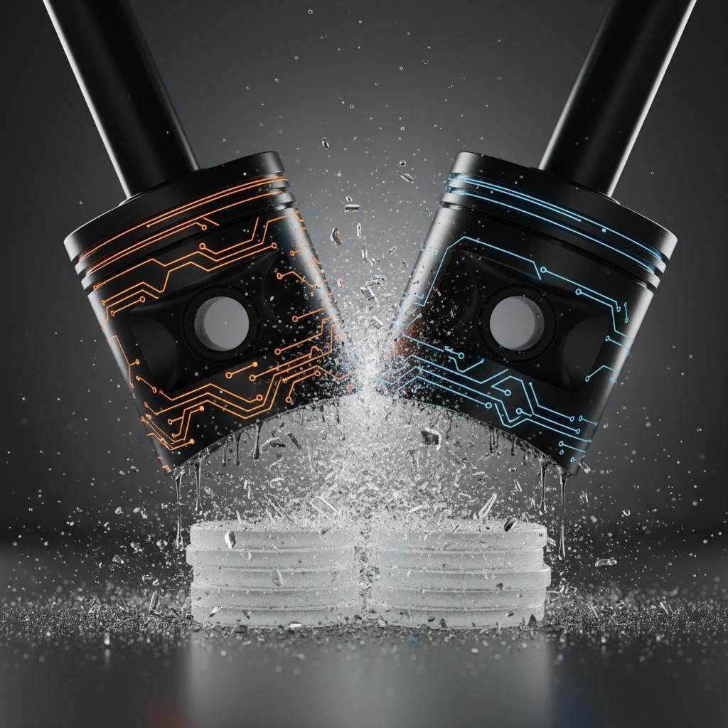 Two circuit-patterned pistons impact, creating a splash of water and ice fragments.