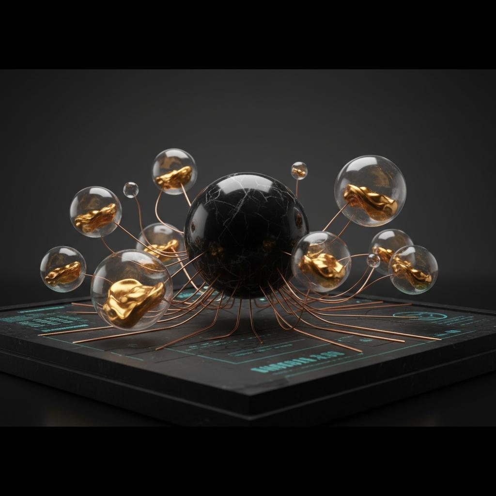 image.jpeg-52 Abstract black marble sphere with gold veins, connected by copper wires to clear orbs holding golden forms, on a data display.