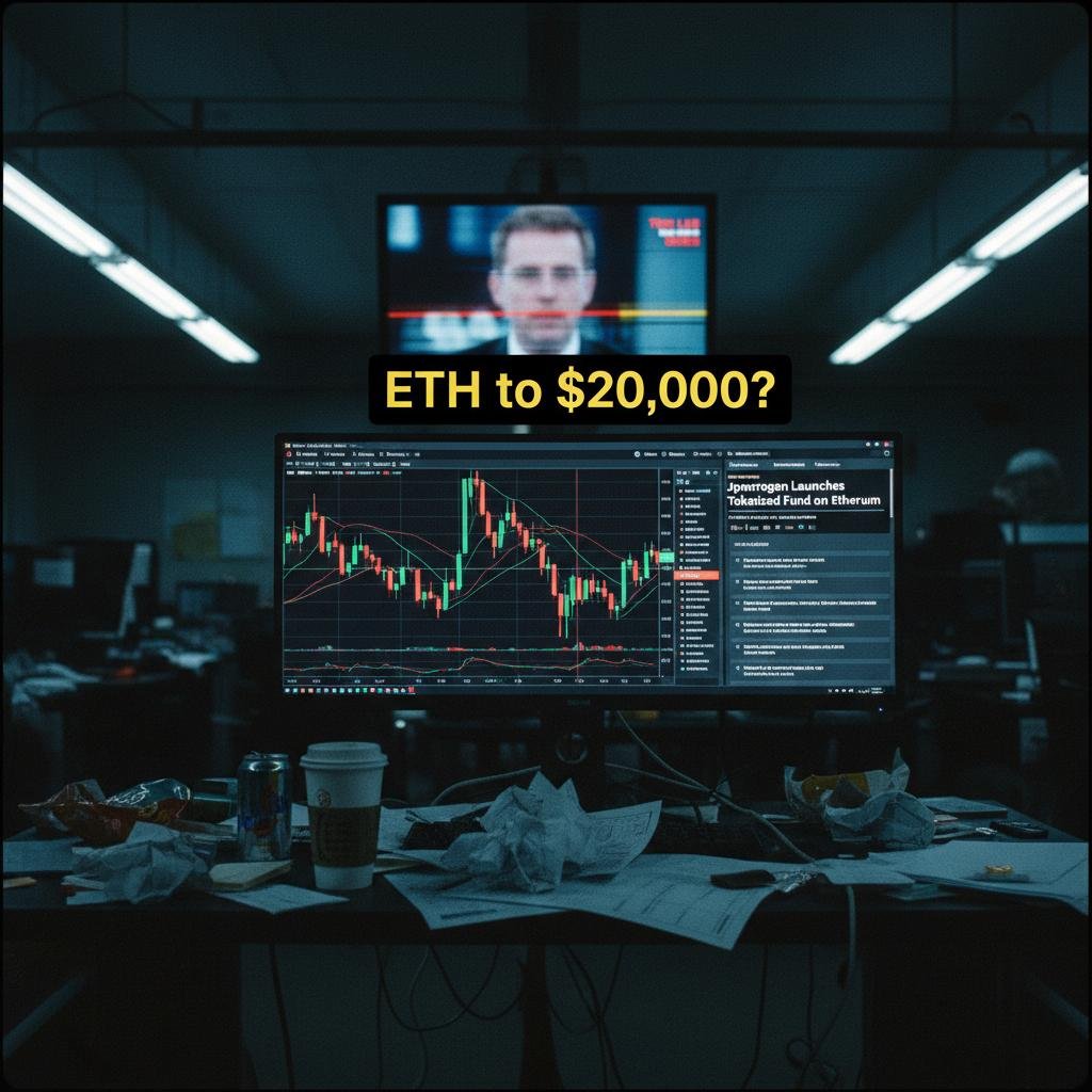 image.jpeg-53 Monitor showing crypto charts and news about a tokenized fund on Ethereum, with 'ETH to $20,000?' text overlay.