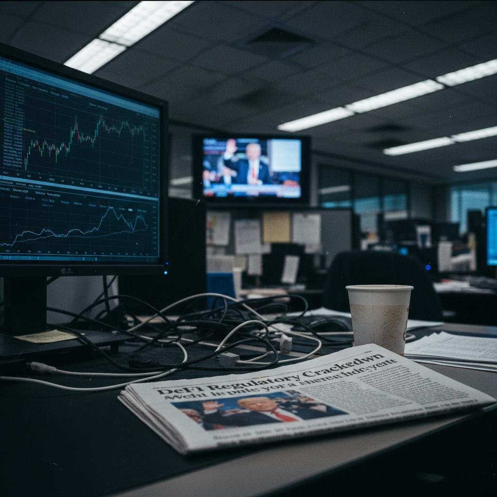 Office desk with financial charts on a monitor, a newspaper about DeFi, and a coffee cup.