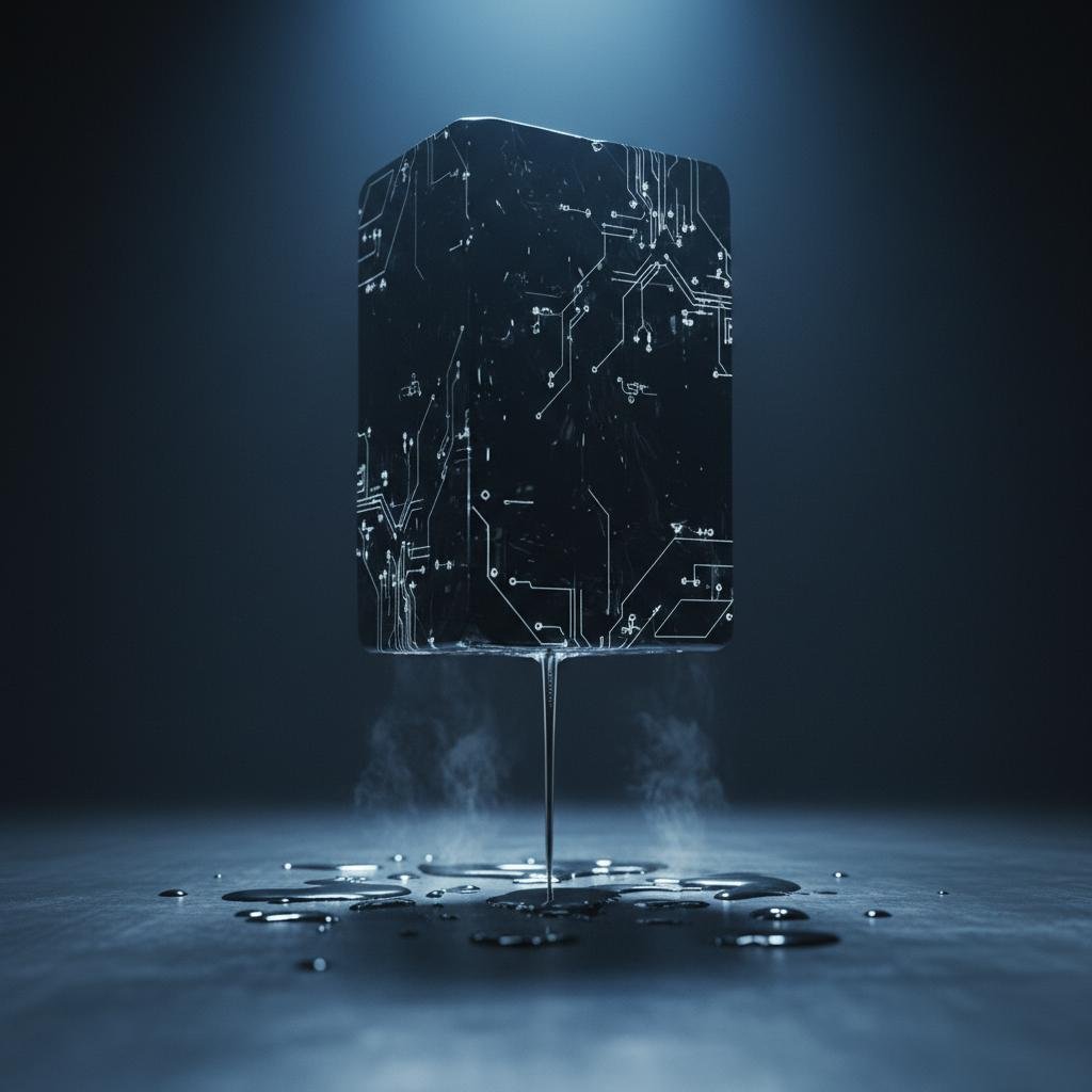 Dark cube with circuit patterns melting and dripping liquid, generating steam.