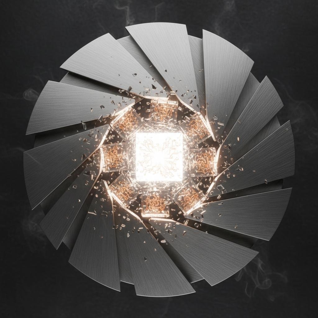 Glowing white square with intricate circuitry surrounded by metallic iris blades and scattered particles.