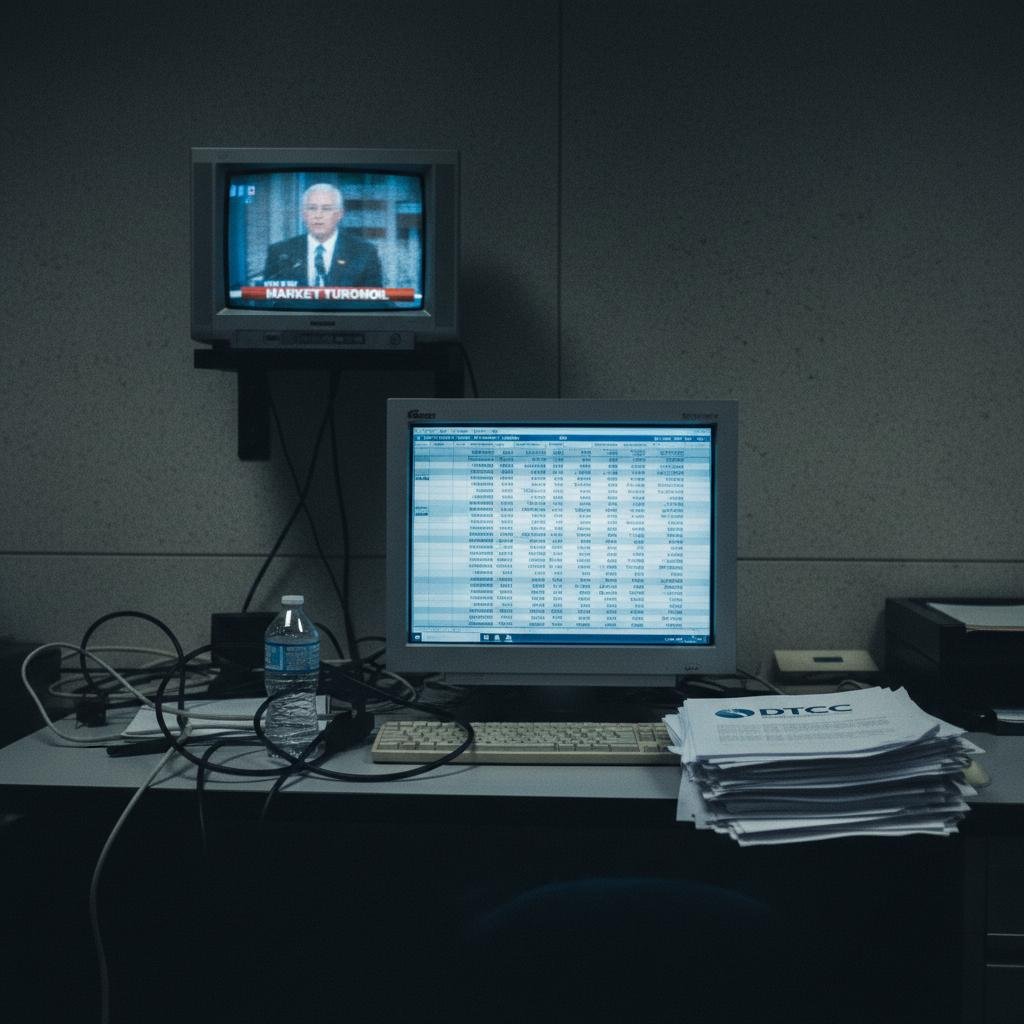 image.jpeg-58 Man on television screen above a desk with a computer monitor displaying data.