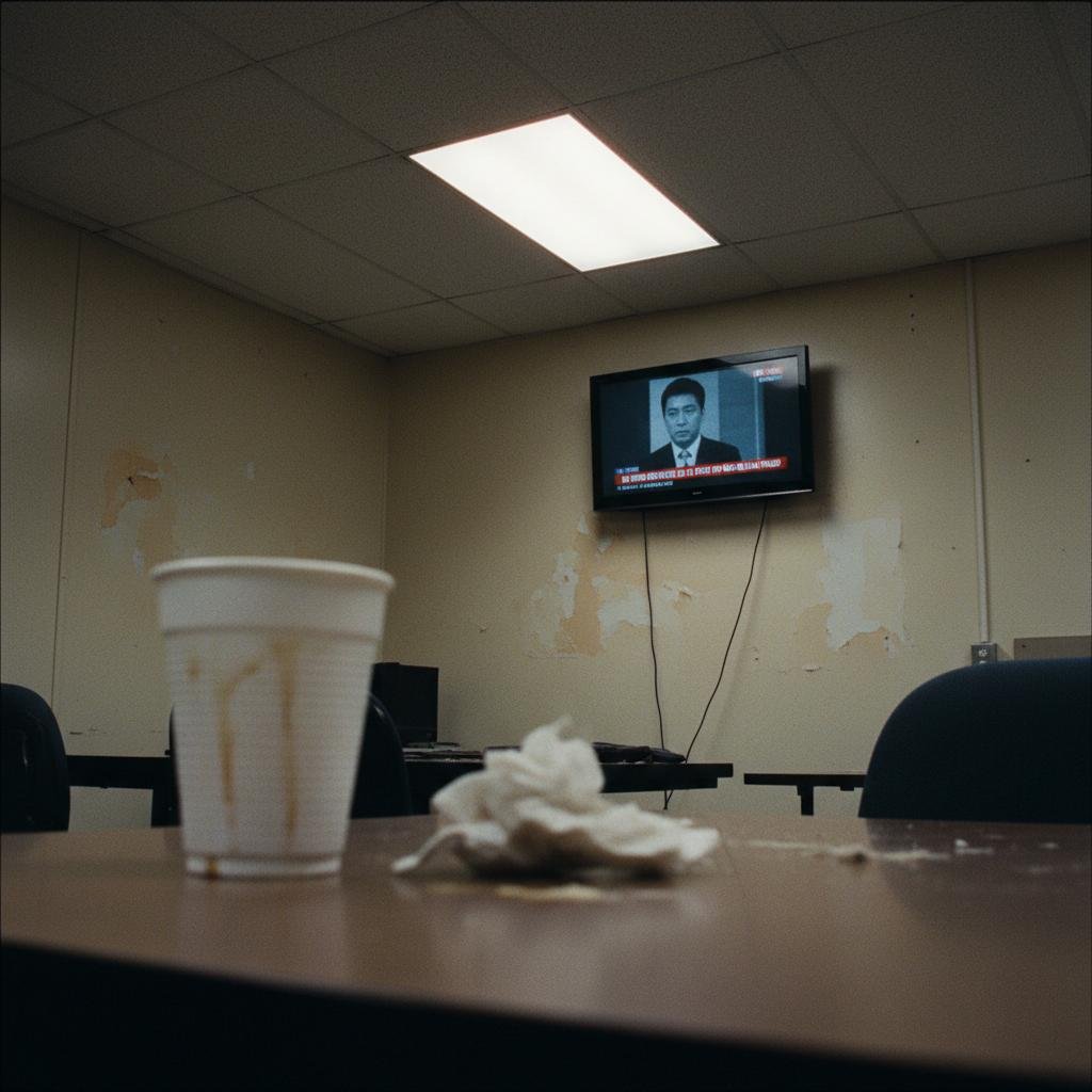 Stained disposable cup and crumpled tissue on a brown table; a wall-mounted TV displays a news broadcast.