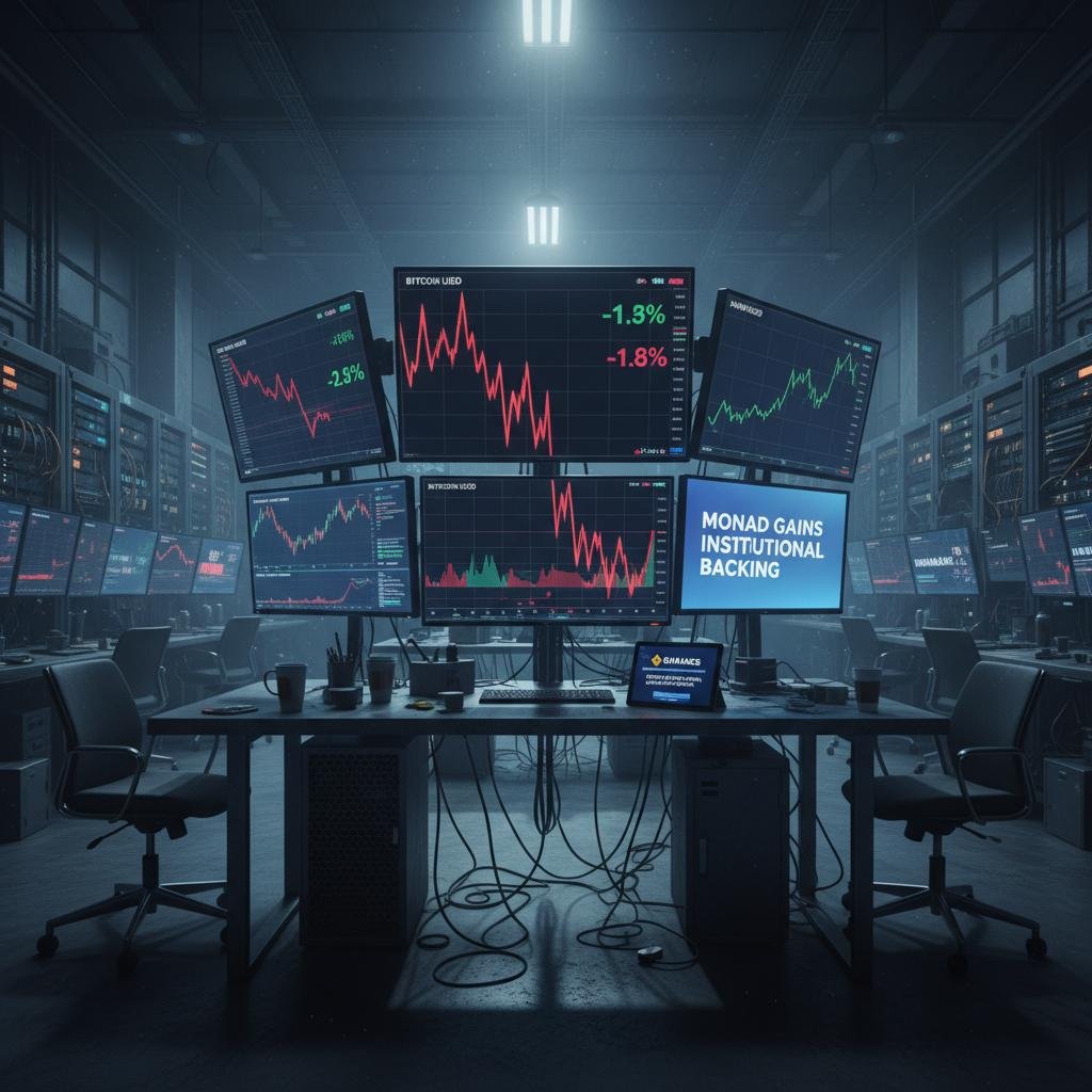 Trading desk with multiple monitors displaying cryptocurrency charts and financial news in a data center.