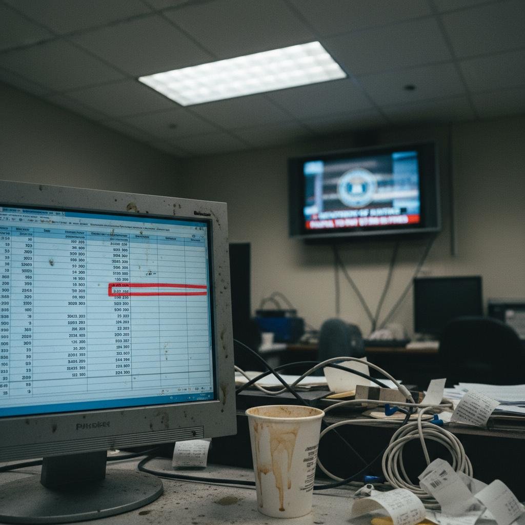 Computer monitor displaying spreadsheet data on a messy desk with a TV in the background.