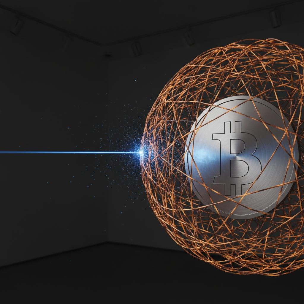 Bitcoin coin in a copper wireframe sphere being struck by a blue laser beam.
