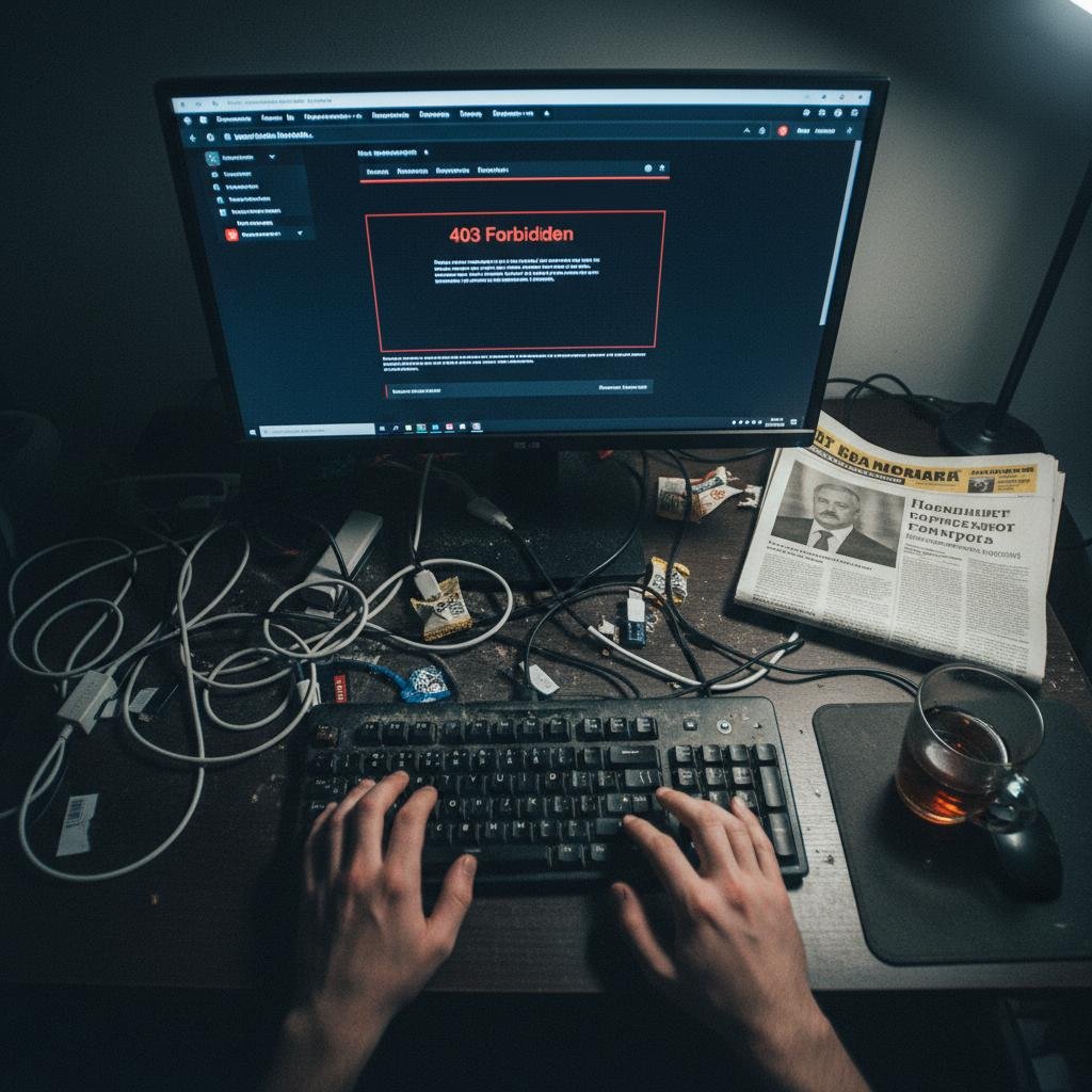 Hands typing on a keyboard in front of a monitor displaying a '403 Forbidden' error.