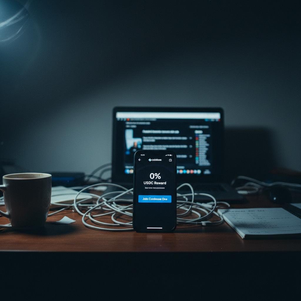 image.jpeg-66 Smartphone displaying Coinbase app with '0% USDC Reward' on a cluttered desk with a laptop.