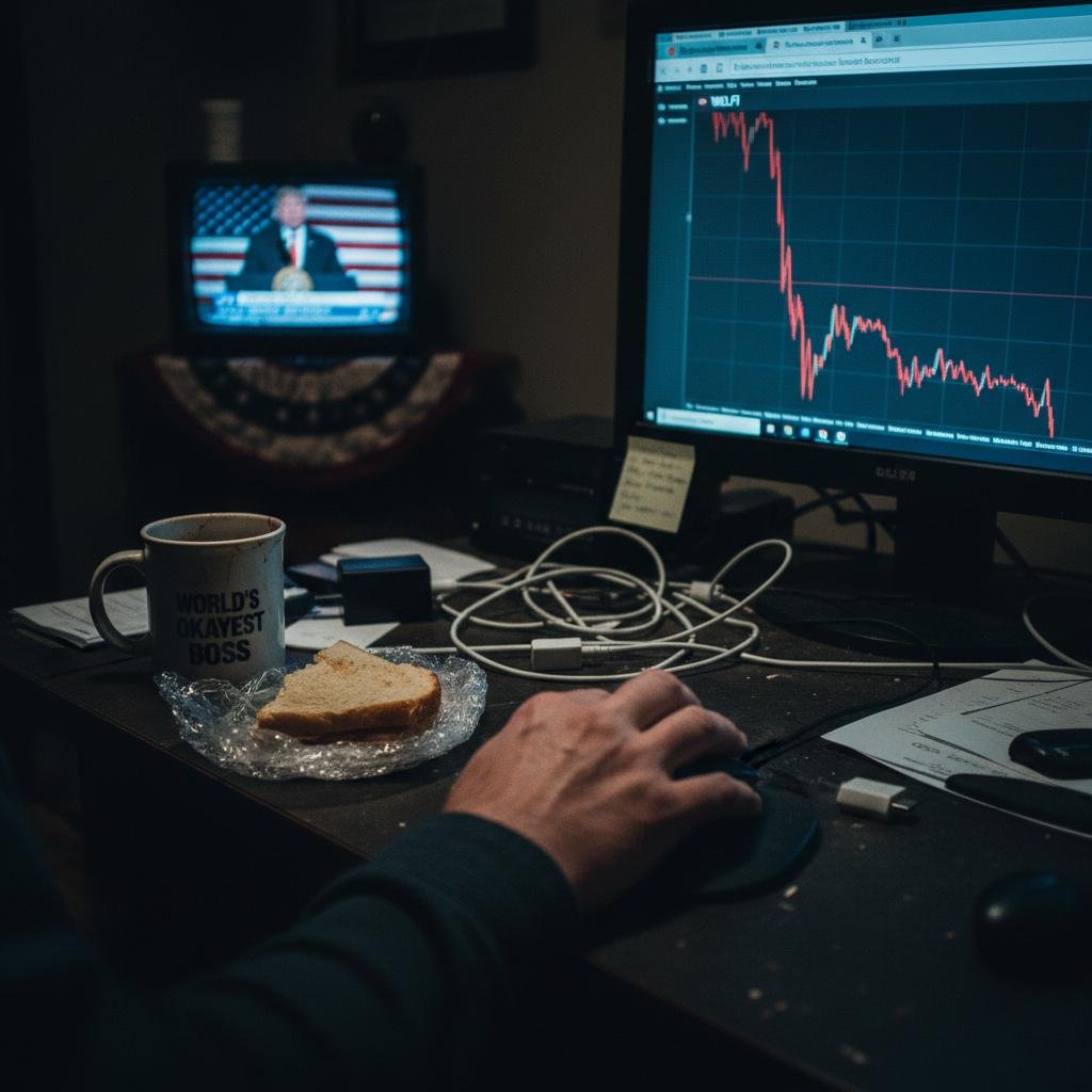 Person using a computer mouse in a dimly lit room with a declining graph on the main monitor and a political broadcast on a small TV.