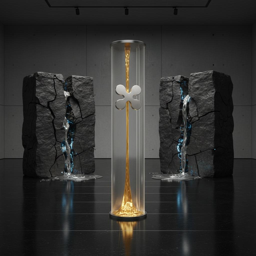 Golden liquid flows through a clear tube with a silver emblem, flanked by two cracked stone blocks emitting blue liquid.