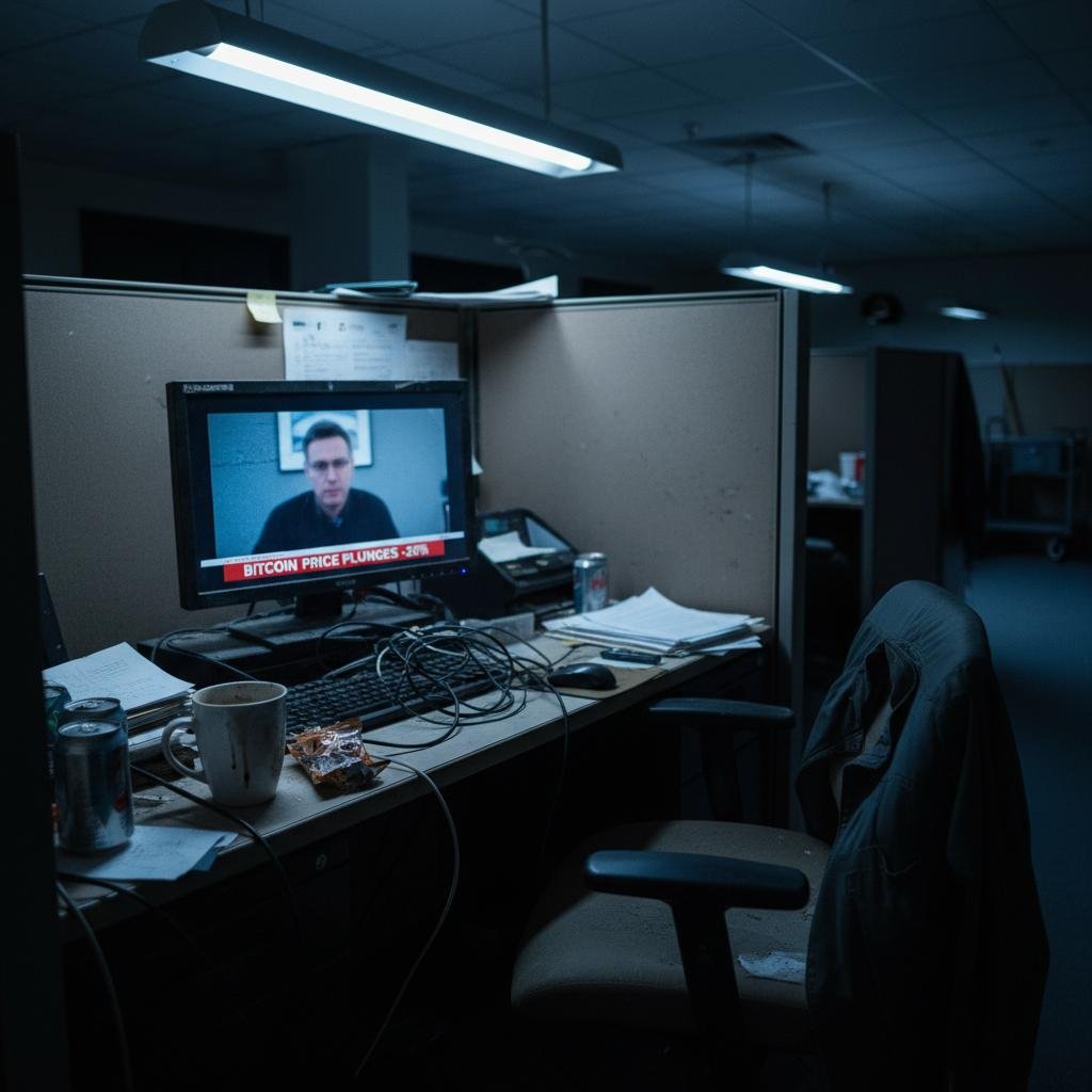 image.jpeg-71 Office cubicle with a monitor displaying 'BITCOIN PRICE PLUNGES -20%' on a news broadcast.