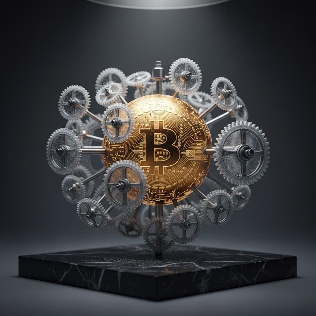 image.jpeg-72 Golden Bitcoin symbol integrated with a complex system of gears.
