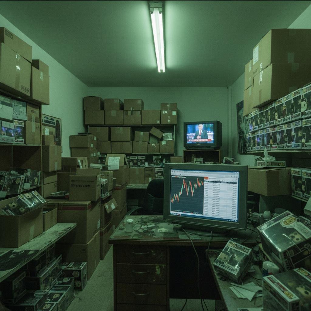 Cluttered room with a desk, computer displaying stock data, and shelves full of cardboard boxes and collectibles.